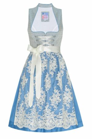 Midi Dirndl 65cm hellblau silber mit Spitzenschürze Nicoletta 006867