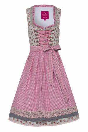 Mini Dirndl 60cm grau geblümt rosa karo Kalina 005623