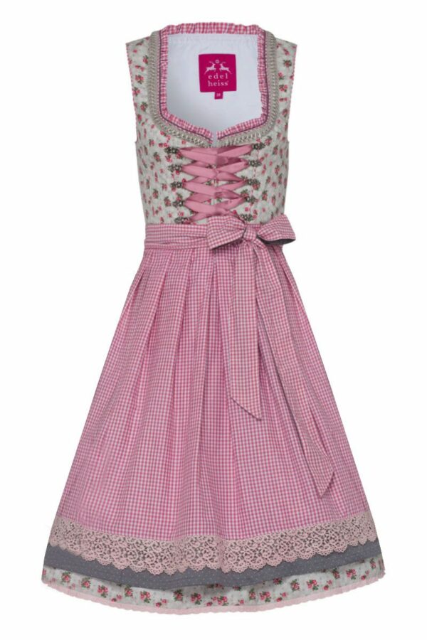 Mini Dirndl 60cm grau geblümt rosa karo Kalina 005623