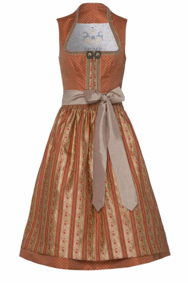 Midi Dirndl 70cm apricot geblümt taupe gestreift 003250