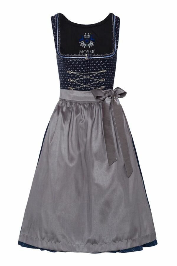 Dirndl lang 80cm dunkelblau gemustert silber Anneliese 003667