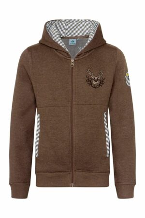 Kinder Kapuzen-Sweatjacke braun mit Hirschstickerei Ben 013487