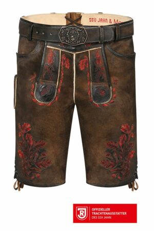 Lederhose kurz mit Gürtel braun rot bestickt SSV Jahn Regensburg 009809