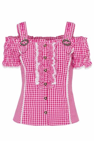 Trachtenbluse kurzarm pink kariert mit Carmenärmeln 002287