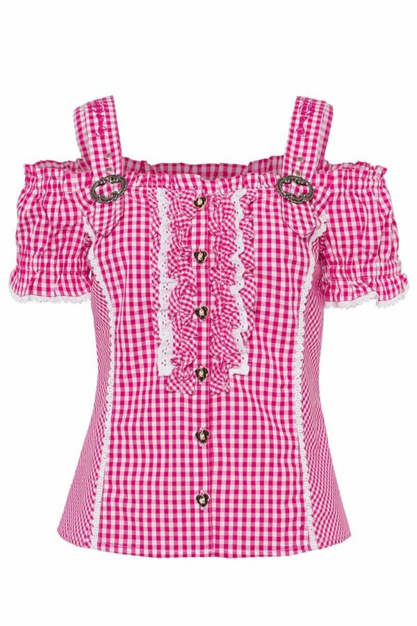 Trachtenbluse kurzarm pink kariert mit Carmenärmeln 002287