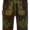 Hirschlederhose kurz dunkelbraun mit grüner Stickerei Leo 005250