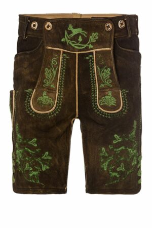 Hirschlederhose kurz dunkelbraun mit grüner Stickerei Leo 005250