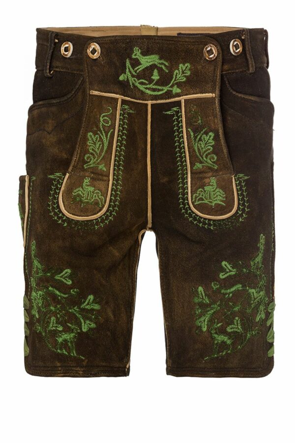 Hirschlederhose kurz dunkelbraun mit grüner Stickerei Leo 005250